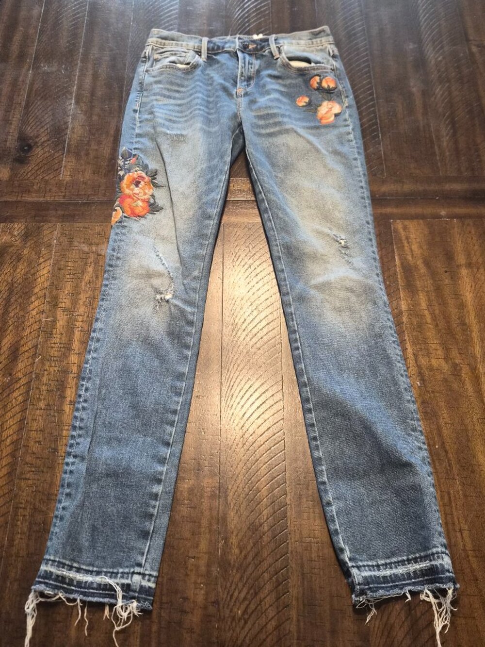 DRIFTWOOD Blue Straight Leg Jeans with Orange Floral Embroidery